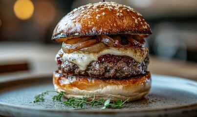 A large hamburger with onions and cheese on a plate
