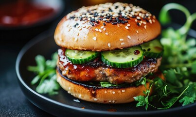 A hamburger with cucumbers on it is on a black plate