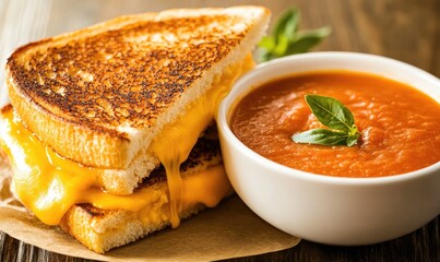 A bowl of tomato soup sits next to a grilled cheese sandwich