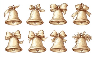 A set of bells with bows are shown in a vintage style