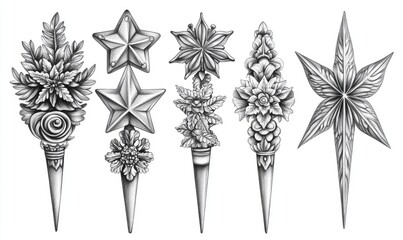 A series of five Christmas decorations, including stars, flowers