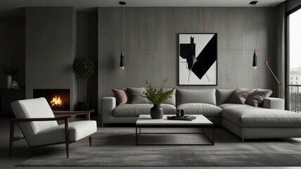 living room with elegance and diversity of modern gray color palette. The sofa is upholstered in a luxurious gray fabric. The minimalist design of the room evokes a sense of calm and sophistication.