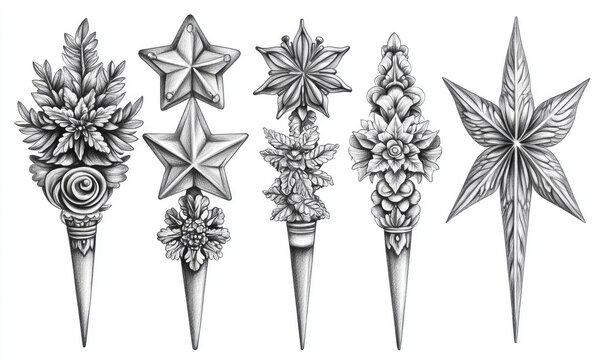 A series of five Christmas decorations, including stars, flowers