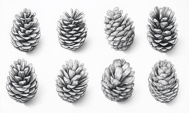The image is a series of six pine cones, all of which are black and white - Powered by Adobe
