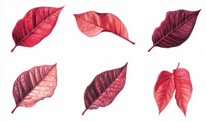 Obraz premium A set of six red leaves with a white background