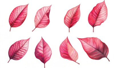 Obraz premium A set of six red leaves with a white background