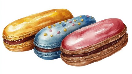 Authentic 1600s Style Eclairs in France - Historical Watercolor Illustration with Festive Colors on White Background