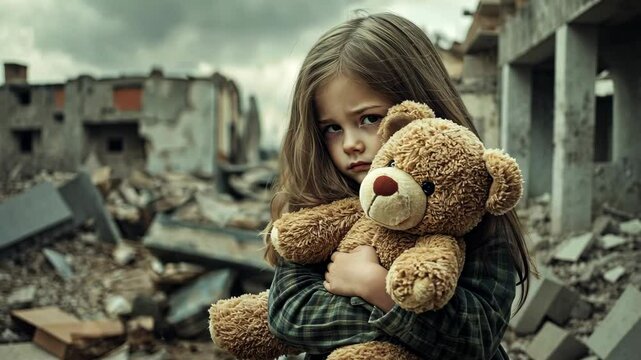A young girl holds a teddy bear in a war-torn city