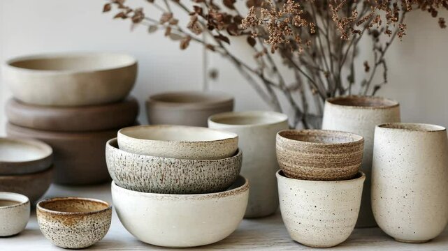 A collection of ceramic bowls and cups sit on a table, with a bouquet of dried flowers behind them