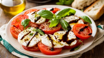 A refreshing plate of caprese salad with ripe tomatoes, fresh mozzarella cheese, basil leaves