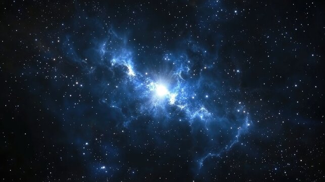 Dark interstellar space depicted in a 3D cartoon rendering featuring a 2D illustration of stars and a blue cold nebula in a deep space night sky