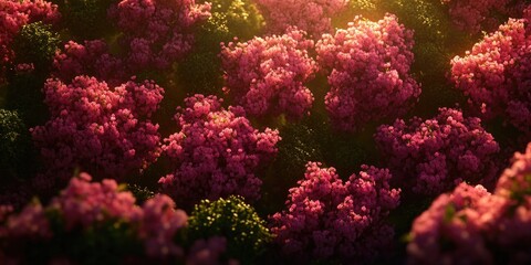 Obraz premium Aerial top view of apple orchards showcasing blooming trees in a vibrant spring landscape, Aerial view of apple orchards with blooming trees in a lush spring scenery