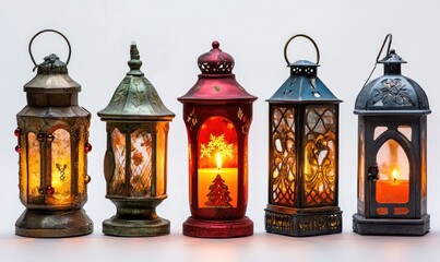 A row of colorful lanterns with a snowflake on one of them