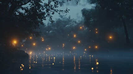 Fototapeta premium Magical firefly lights floating in misty air above an eerie swamp forest at night A fantasy 3D illustration created from original 3D rendering