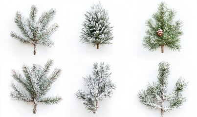 Obraz premium A collection of six different types of evergreen trees with snow on them
