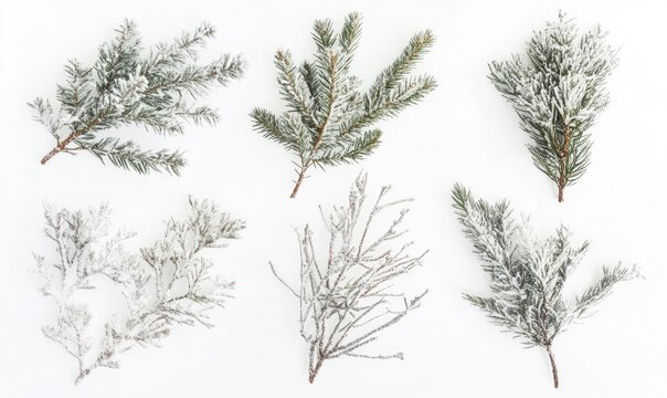 Six different types of evergreen branches, all of which are covered in snow
