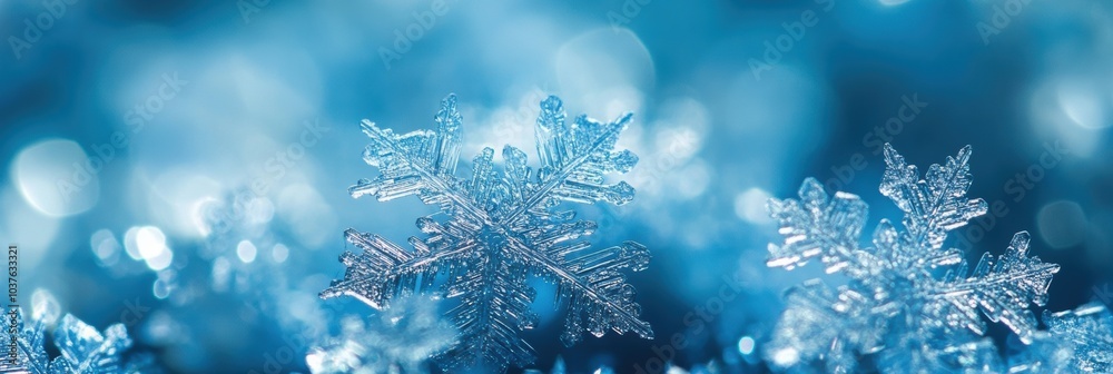 Poster delicate snowflakes sparkle against a cool blue backdrop, showcasing intricate designs and the encha