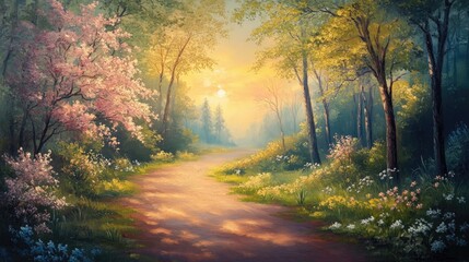 Obraz premium Oil painting depicting a tranquil summer landscape featuring lush trees and a dirt road at sunrise showcasing a beautiful scene of nature with blooming plants in springtime