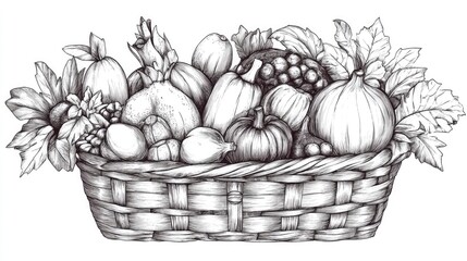 Line art depicting a basket filled with an assortment of fruits and vegetables