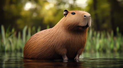 A capybara standing near the water in a lush green environment, showcasing its large size and distinctive features against a serene natural backdrop.