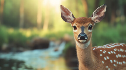Fototapeta premium A close-up shot of a young deer standing near a stream, illuminated by soft sunlight filtering through the trees, showcasing its beautiful spots.
