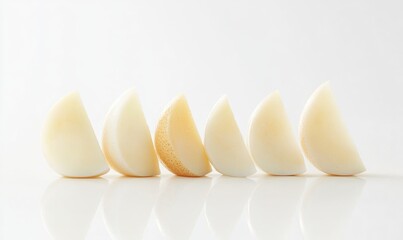 A row of white slices of fruit, including apples and pears