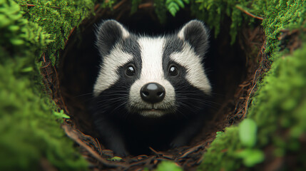 A curious badger peeks out from its cozy burrow, surrounded by lush green moss and vibrant foliage, showcasing nature's beauty and wildlife.