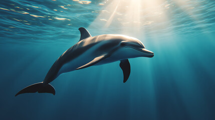 Naklejka premium A dolphin gracefully swimming underwater, illuminated by sunbeams filtering through the water surface, showcasing its playful nature.