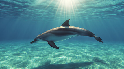 Obraz premium A dolphin swimming gracefully in clear blue water with sunlight filtering through the surface, creating a serene underwater scene.