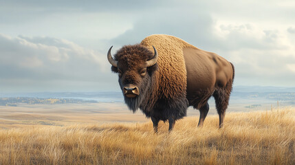 A majestic bison standing alone on rolling grasslands under a dramatic sky, showcasing the beauty of wildlife in its natural habitat.