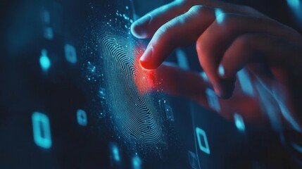 Futuristic Digital Fingerprint Scan with Touchscreen Interface and Neon Blue-Red Glow
