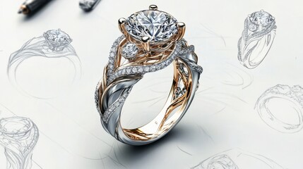 Intricate diamond engagement ring with sketches of different design drafts, showcasing the jewelry design process