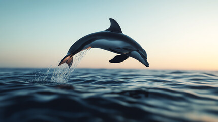 Obraz premium A playful dolphin leaps gracefully above the surface of the water, creating splashes against a serene sunset backdrop.