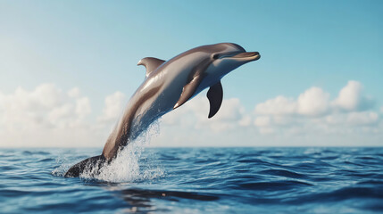 Fototapeta premium A playful dolphin breaching the ocean surface under a clear blue sky, showcasing its agility and grace in a natural marine environment.