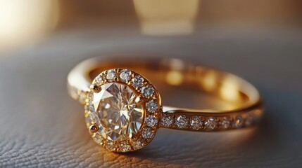 Close-up of a gold engagement ring with a large diamond and smaller diamonds on the band