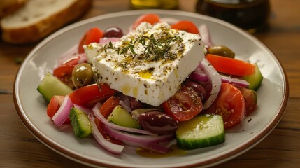 A refreshing plate of Greek salad with tomatoes, cucumbers, red onions