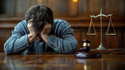 Fototapeta premium A frustrated man with his head in his hands, sitting at a table near a gavel and scales on a wooden desk