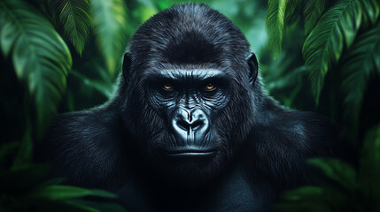 Fototapeta premium A powerful gorilla gazing through lush green foliage, showcasing its strength and majesty in a natural habitat.