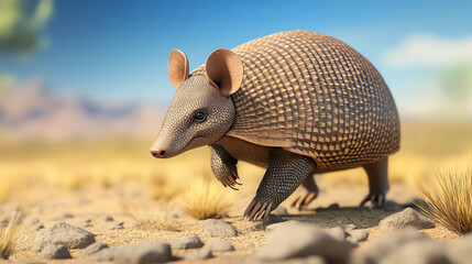 Obraz premium A realistic depiction of an armadillo wandering through a natural landscape, showcasing its unique shell and curious expression under a clear sky.
