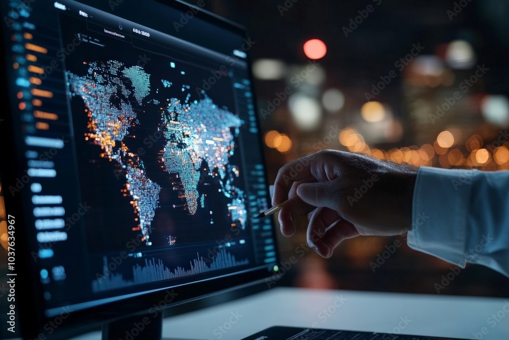 Poster a hand interacts with a computer displaying global data visualizations on a screen. the scene highli