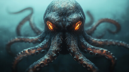 Fototapeta premium A striking close-up of a menacing octopus with glowing eyes, showcasing its intricate textures and tentacles in an underwater environment.