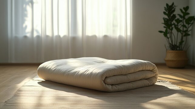Folded japanese futon mattress lying on floor in sunny room