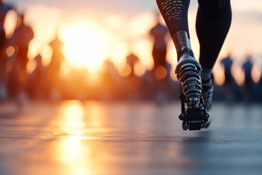 A dynamic evening scene featuring a close-up of a prosthetic running blade as an athlete runs towards a vibrant sunset, capturing motion and determination against the horizon.