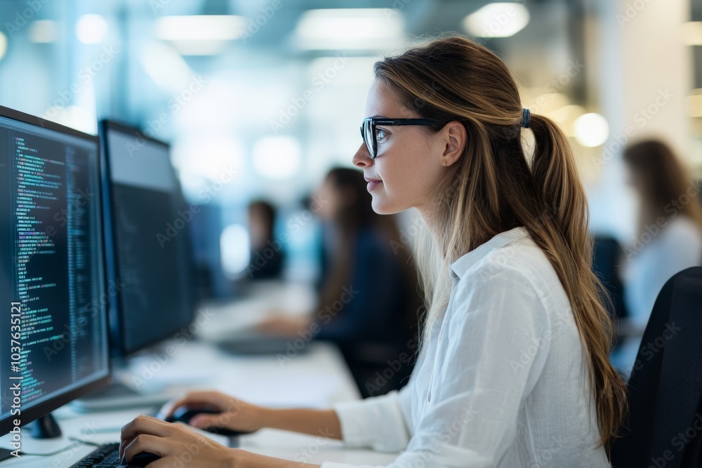 Poster a woman wearing glasses is focused on coding while working in a sleek and modern office environment,