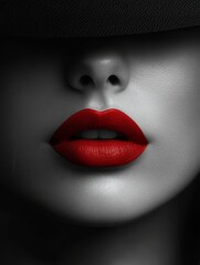 Fototapeta premium Close-up of a woman's red lips in a black and white minimalist style, with the face partially hidden by a hat, creating a bold and fashionable look.