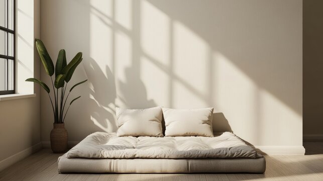 Sunlight crossing japanese style bedroom with futon mattress
