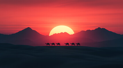 Fototapeta premium Silhouetted camels traverse a stunning desert landscape at sunset, with vibrant oranges and purples illuminating the sky behind distant mountains.