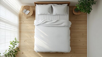 Minimalist bedroom with futon style bedding from above