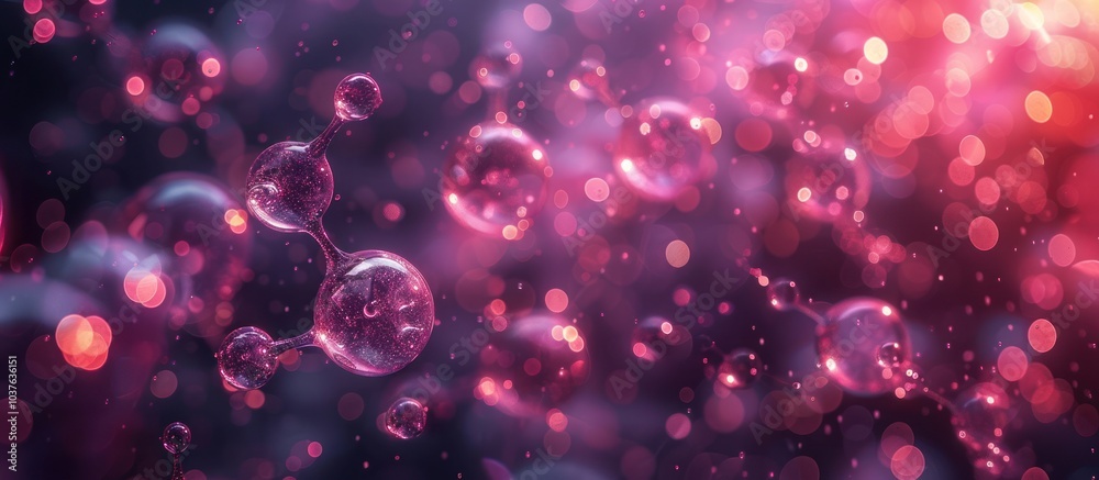 Poster abstract pink and purple background with glowing bokeh and molecular structure.