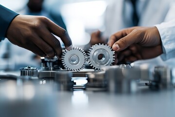 Close-up of hands holding metallic gears, symbolizing teamwork and engineering collaboration, emphasizing precision and innovation in technical environments.